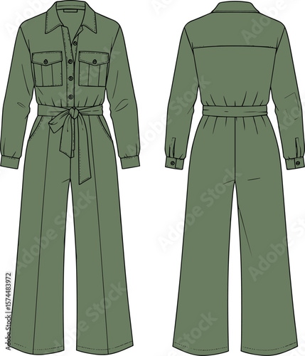Technical fashion flat drawing of long-sleeve utility jumpsuit with front buttons, tie waist belt, pockets, and collar details