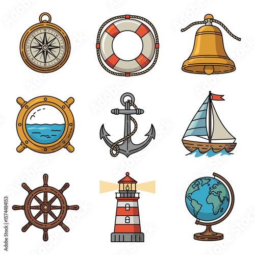 Nautical icons collection featuring compass anchor sailboat lighthouse ship wheel globe and bell
