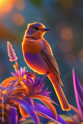 Vibrant Songbird Perched on Exotic Flora A Symphony of Colors and Light in a Tropical Paradise Scene