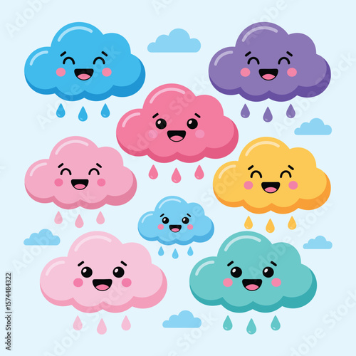 Collection of cute cartoon clouds raining with happy faces and bright colors