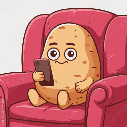 Cute cartoon potato character relaxing on a red armchair while using a smartphone