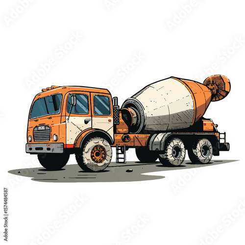 Vibrant Cartoon Illustration of an Orange Concrete Mixer Truck