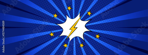 Blue comic book style explosion with a lightning bolt suitable for dynamic designs like posters, banners, superherothemed projects, and graphic novels.