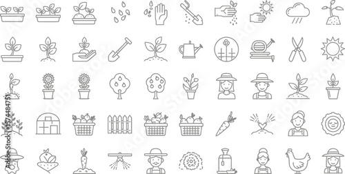 A collection of gardening icons depicts various stages of plant growth, tools, and related elements isolated on white background