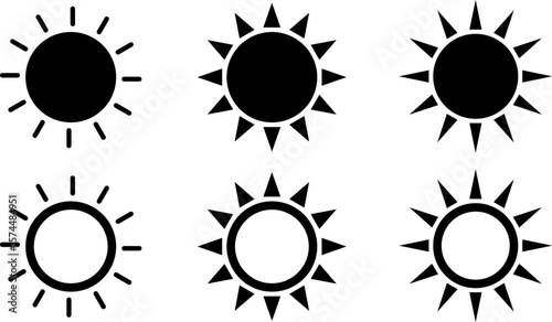 Sun icon set. Sunset symbol. Hot solar energy for tan. Summertime figure concept. Sunshine simple icons collection
