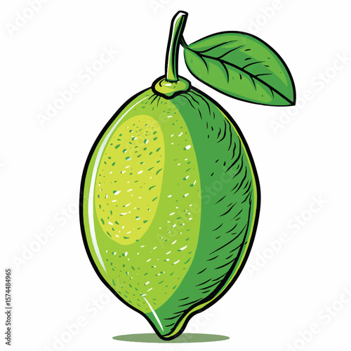Vibrant Cartoon Lime with Leaf Detailed Green Citrus Fruit Illustration