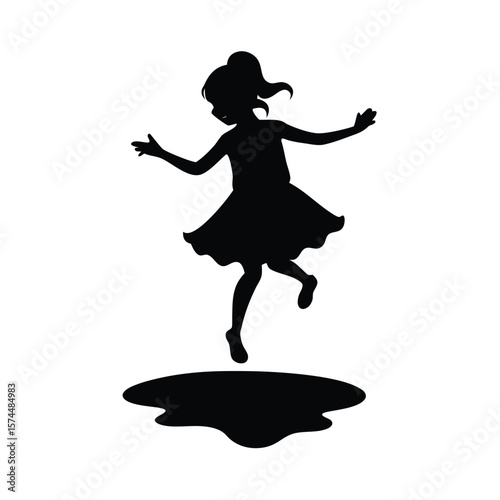 Black silhouette of young girl jumping in puddle on white background child