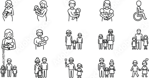 A collection of linear family icons shows parents, children, and grandparents in various poses isolated on white background