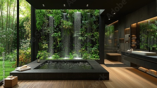 Tranquil indoor spa with lush waterfall feature.