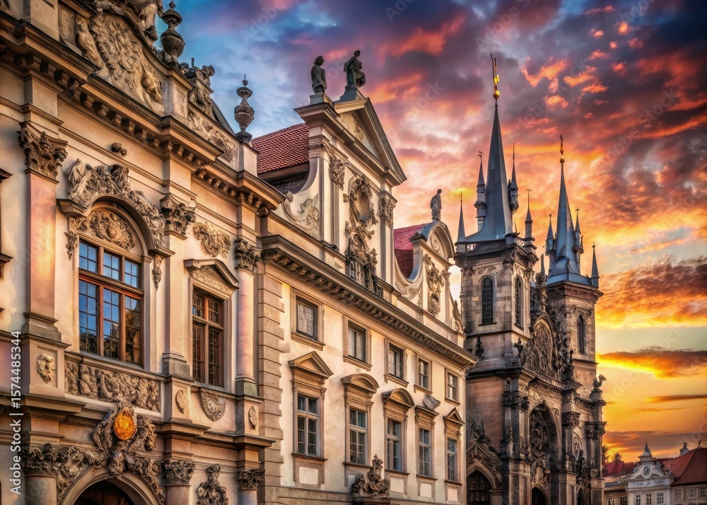 Fototapeta premium Facade of a historic building in Prague at sunset