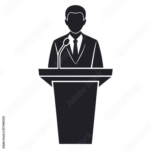 Man speaking at podium silhouette isolated on white background