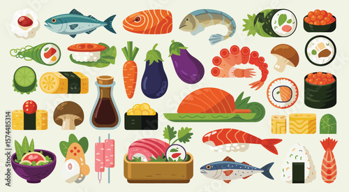 Colorful assortment of japanese sushi and seafood dishes illustration