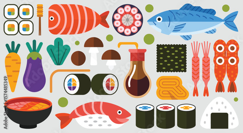 Assortment of japanese food items and ingredients in a flat design style