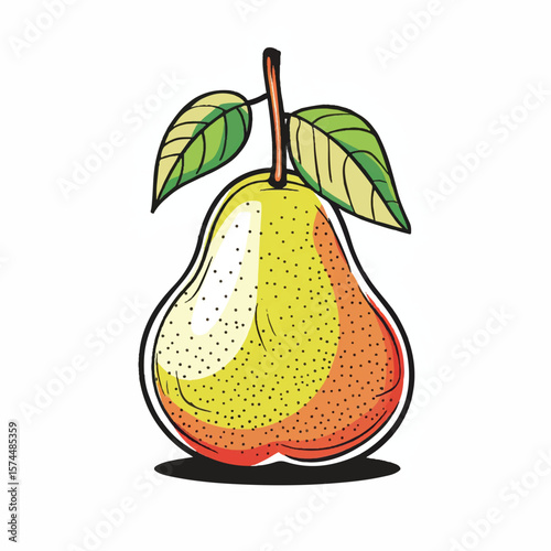Vibrant Cartoon Pear with Detailed Texture and Leaves