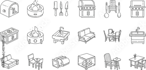A set of line art icons showcases outdoor furniture and cooking appliances for backyard living isolated on white background