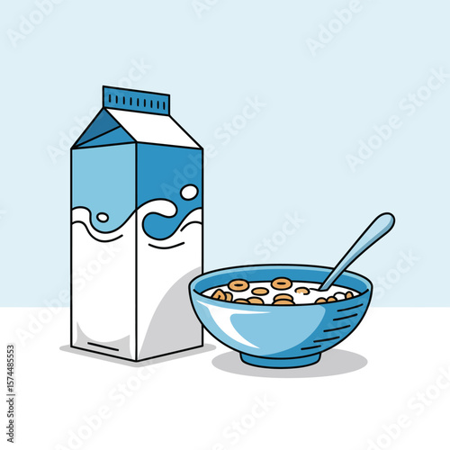 Simple illustration of a milk carton and a bowl of cereal with a spoon