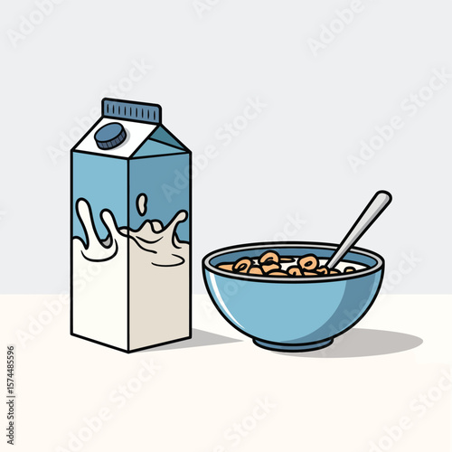 Cartoon illustration of a milk carton next to a bowl of cereal and a spoon