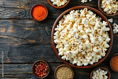 Overhead view of a large bowl of flavorful popcorn surrounded by spices rustic kitchen food photography cozy atmosphere gourmet snack concept