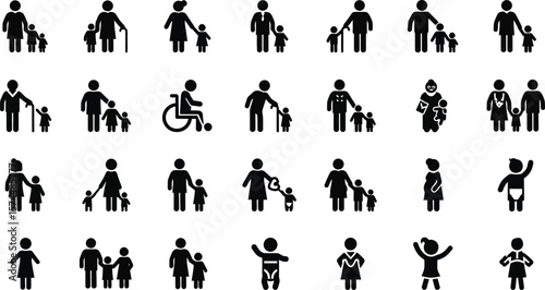 A collection of silhouette icons depicts families with children, grandparents, and individuals with disabilities isolated on white background