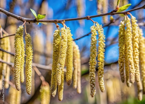 Long white catkin flowers hanging from a branch of a mature aspen tree in full bloom