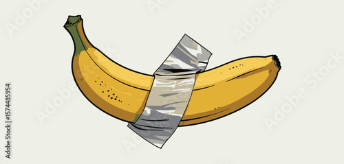 Yellow banana taped to a wall with silver duct tape art illustration