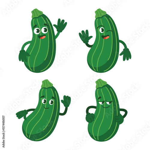 Four cute cartoon zucchini characters waving and winking with happy expressions