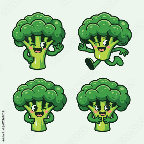 Cute cartoon broccoli characters waving running and posing with happy expressions