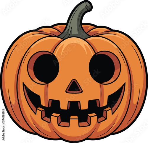 Smiling Halloween Pumpkin with Black Eyes and Sharp Teeth Vector Illustration, Transparent Background.