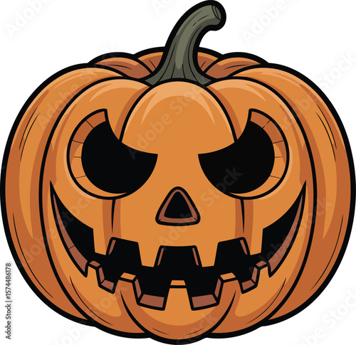 Scary Halloween Pumpkin with Evil Face and Sharp Teeth Vector Illustration, Transparent Background.