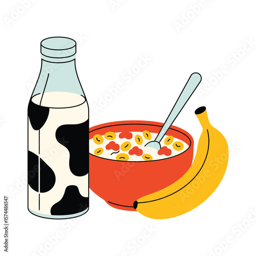 Healthy breakfast with cereal milk and banana in a simple flat design