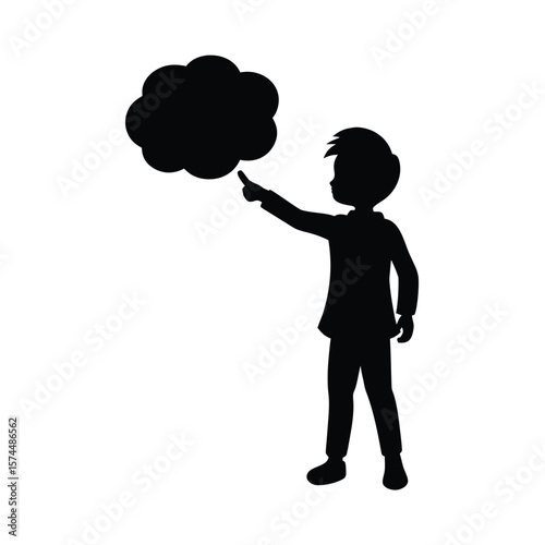 Black silhouette of a young boy pointing to a black thought bubble on a white background child finger