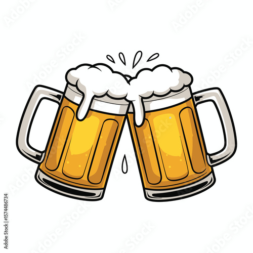 Two frothy beer mugs clinking together in a toast celebration