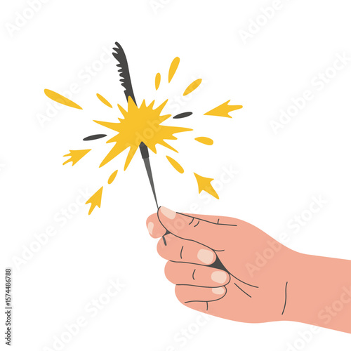 Hand holding a lit sparkler with bright yellow sparks against white background