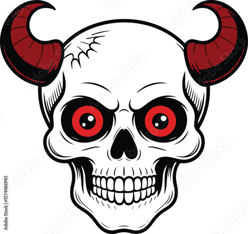 Skull with Devil Horns, Evil Skull Illustration, Transparent Background.