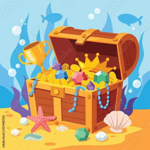 Underwater treasure chest overflowing with gold coins jewels and a trophy