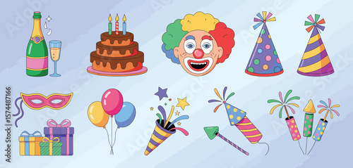 Collection of colorful party elements including a clown cake champagne balloons gifts and fireworks