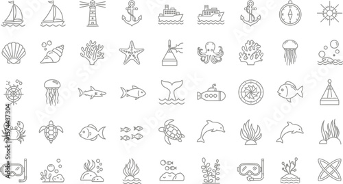 A collection of nautical themed line art icons depicting sea creatures, boats, and other ocean related symbols