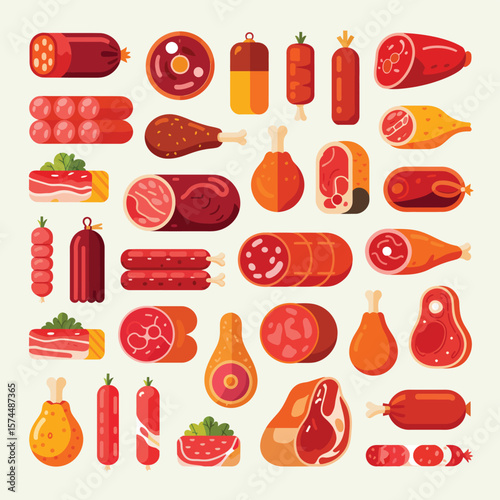 Collection of various delicious cured meats and sausages in a flat design style