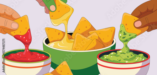 Hands dipping tortilla chips into bowls of salsa cheese and guacamole