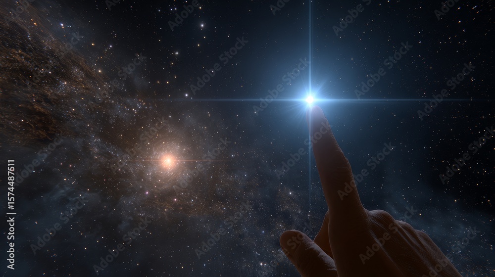 Obraz premium Human forefinger reaches out to touch a glowing star in the vast infinite space. Conceptual cosmic background with futuristic spiritual symbolism, connection, discovery, and universal energy theme