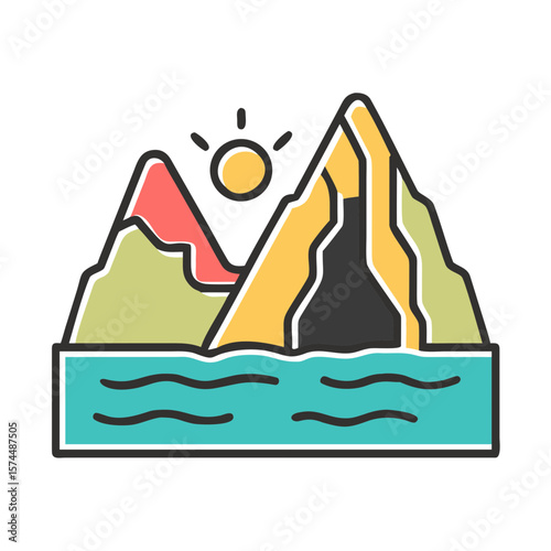 Colorful mountains and sun reflecting on water, concept of Nature  