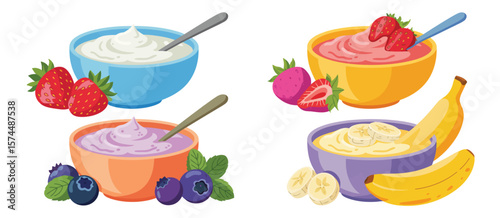 Four bowls of yogurt with fresh fruit toppings and spoons