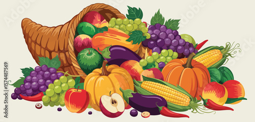 Abundant harvest cornucopia overflowing with fresh autumn fruits and vegetables