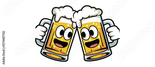 Two cartoon beer mugs with faces toasting and frothing with excitement