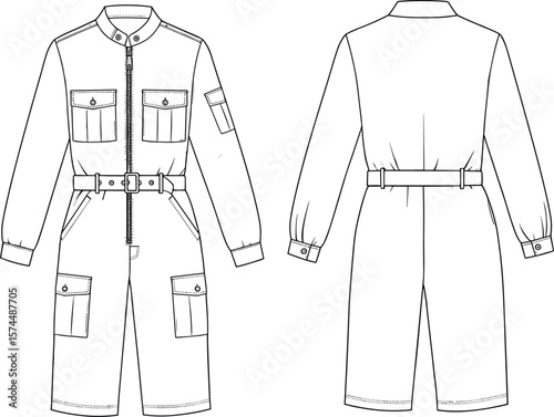 Utility style cargo jumpsuit with belt, zipper front, flap pockets, sleeve detail, flat fashion sketch, technical vector illustration