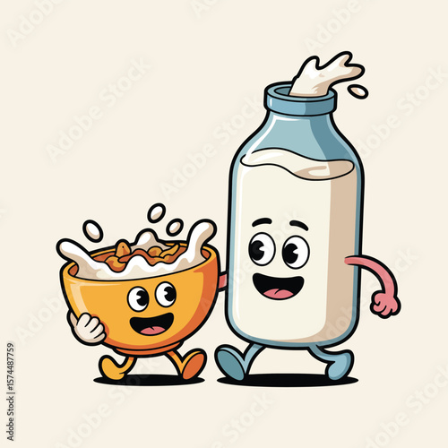 Happy cereal bowl and milk bottle walking together as friends