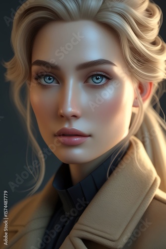 Striking Portrait of a Blonde Woman with Piercing Blue Eyes and a Stylish Outfit Looking at Viewer