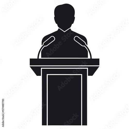 Speaker at podium silhouette isolated on white background