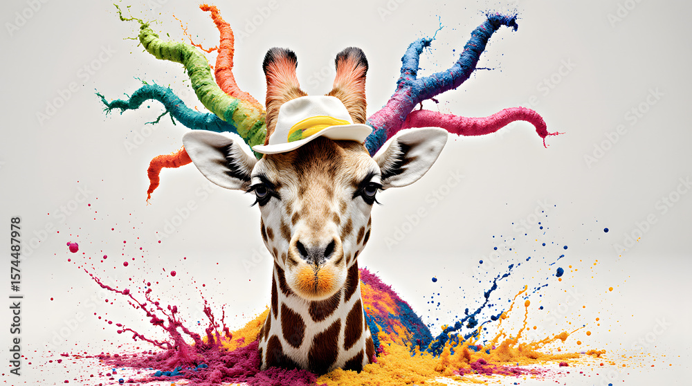 Naklejka premium A giraffe with a hat and rainbow paint splashes