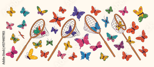 Colorful butterflies being caught in nets during a summer activity